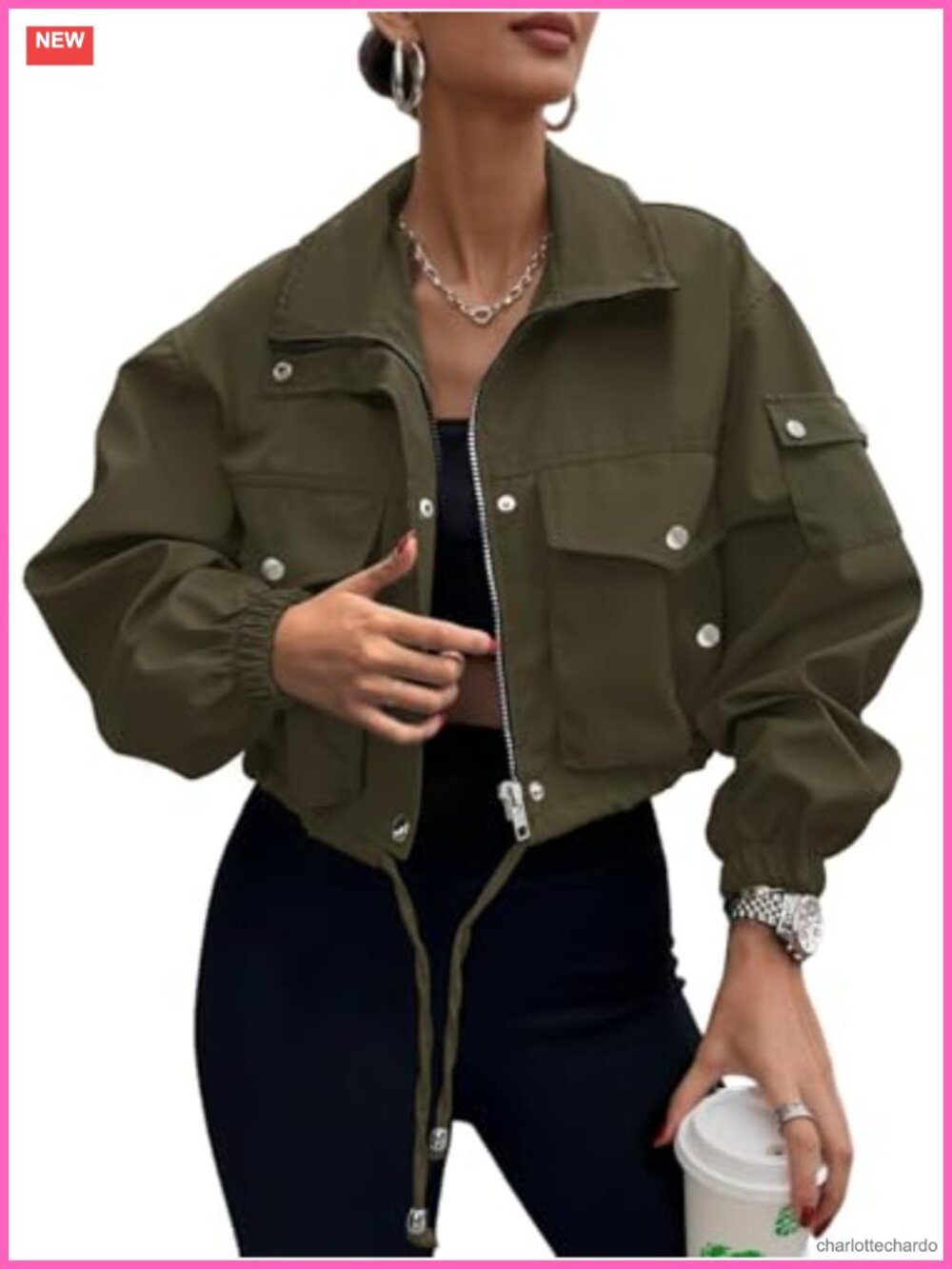 Women's Cropped Bomber Jacket with Pockets 100% Polyester